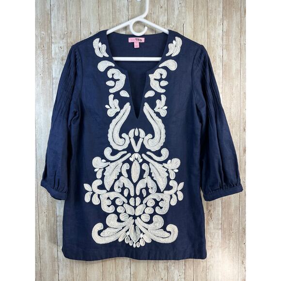 Lilly Pulitzer Linen Tunic Top Womens S Blue White Embroidered‎ Sequined Beaded - Picture 1 of 9